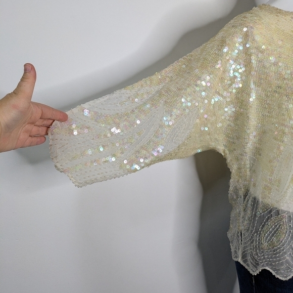Vintage off white fully sequined & beaded 1/2 sleeve top S/M - Picture 5 of 10